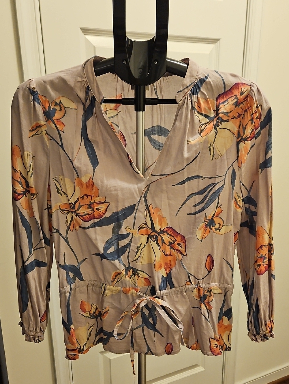 Floral Drawstring Peplum Blouse in Taupe with Pink & Navy Flowers